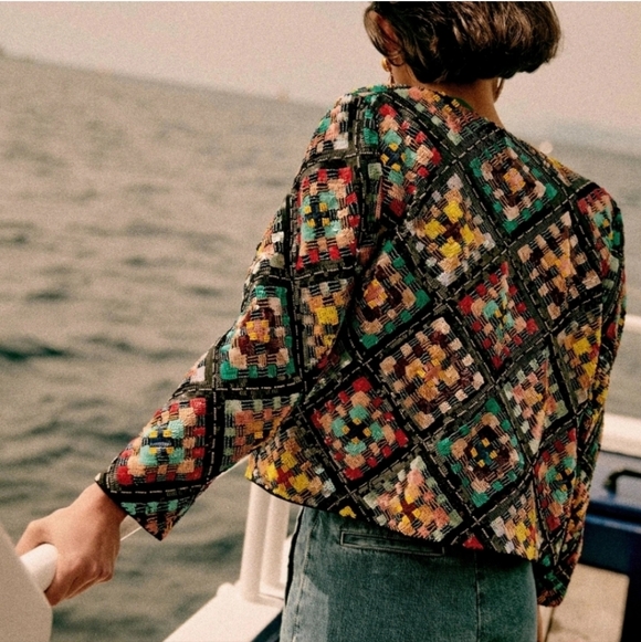 SÉZANE Ena Hand Beaded Embroidered Multi Color Geometric Pattern Jacket XS NWOT - Picture 2 of 13